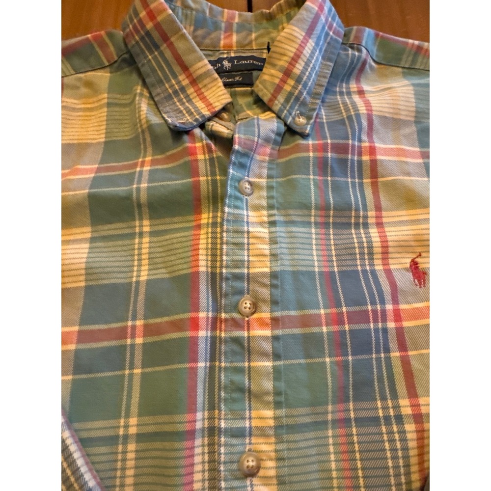 Ralph Lauren Classic Fit Plaid Button Down Shirt Mens XL Blue Green Madras Pony